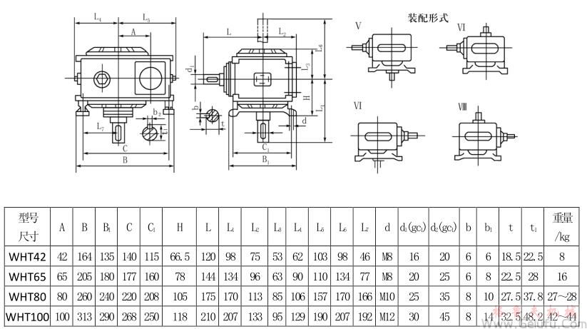 WHT42、WHT65、WHT80、WHT100型圓弧圓柱蝸桿減速機(jī)Ⅴ—Ⅷ式安裝型式及尺寸JB2318—79